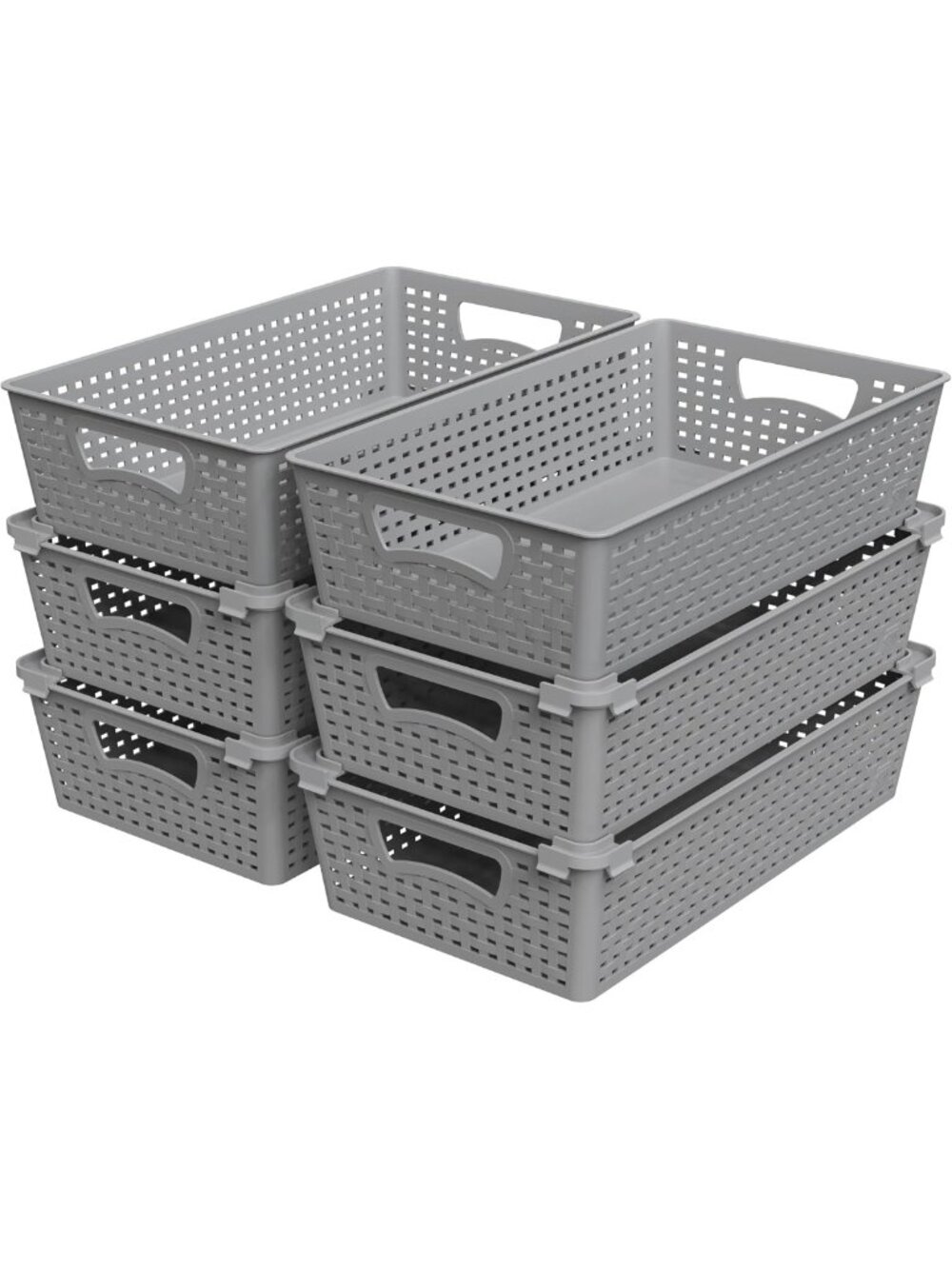 Stackable Plastic Woven Baskets Organizer Set of 6 - Gray Storage Solution